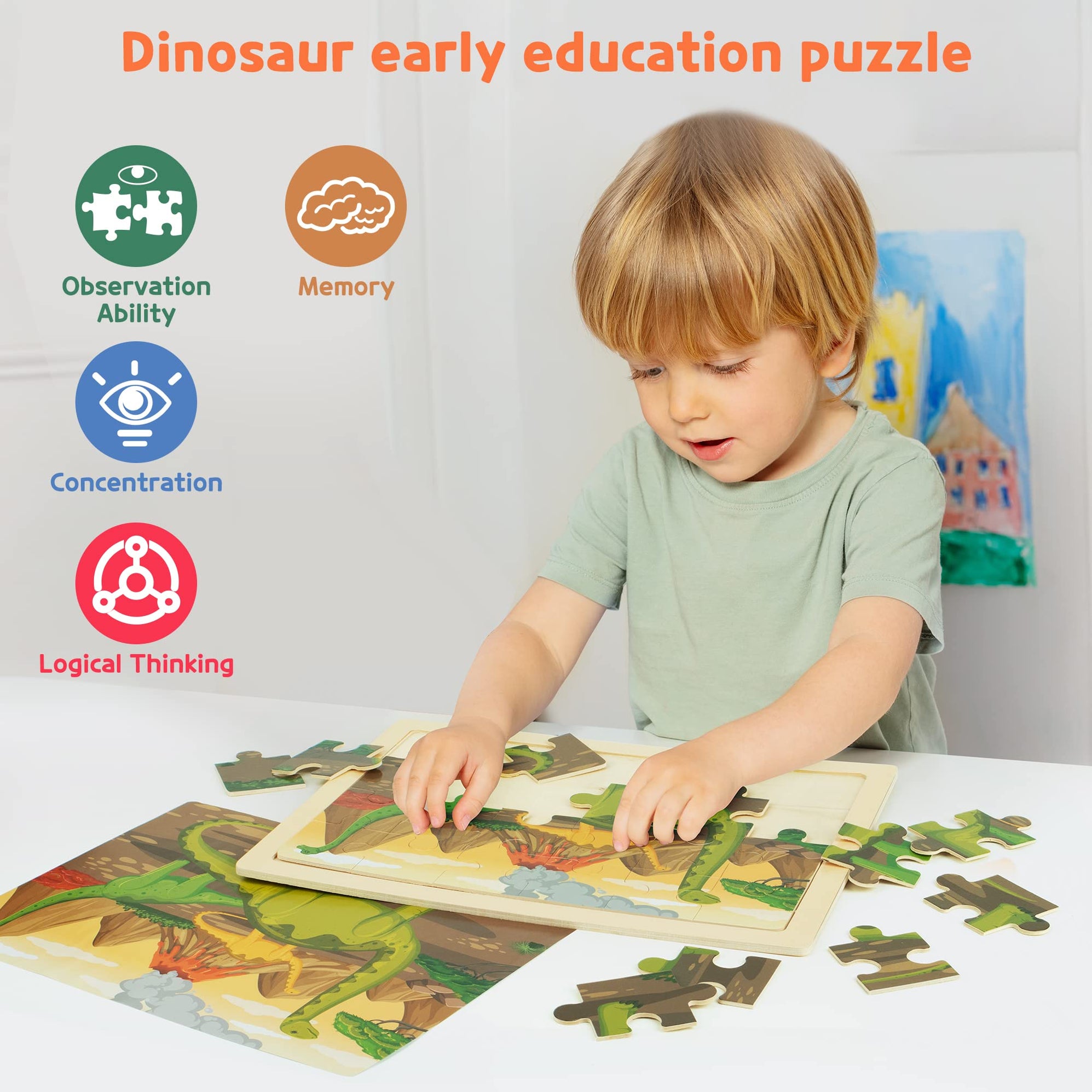 SYNARRY 4-in-1 Wooden Dinosaur Puzzles for Kids Ages 3-8, 24pcs Each ...