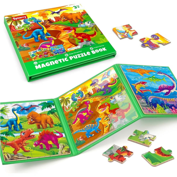 SYNARRY Wooden Toys Set, 3-in-1 Dinosaur Magnetic Puzzles, Each Puzzle with 20 Pieces, FSC Certified Jigsaw Puzzle