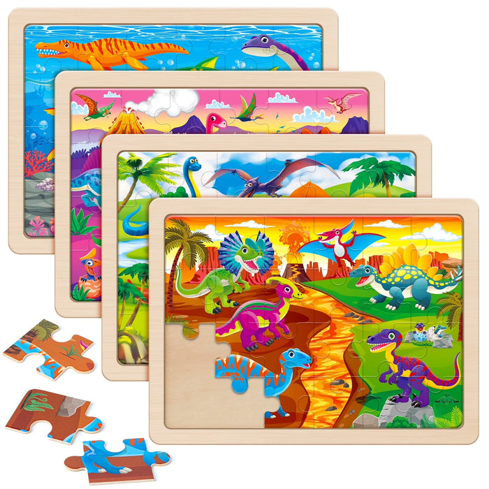 SYNARRY Wooden Dinosaur Puzzles for Kids Ages 3-8, 4 Packs Wooden Jigsaw Puzzles for Kids(Each 24 Pcs)