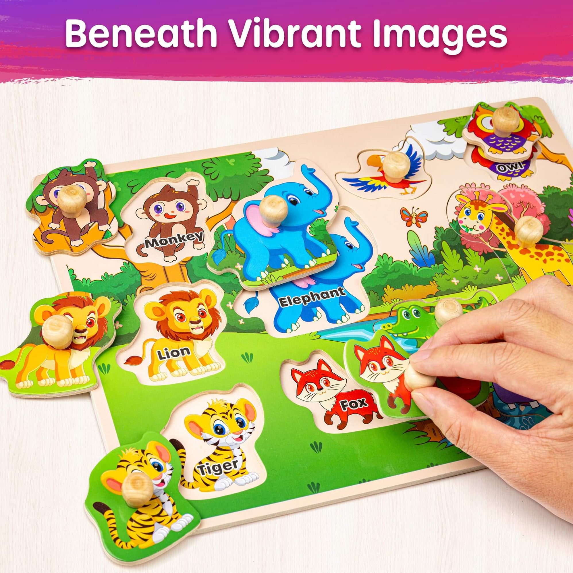 SYNARRY Wooden Peg Puzzles for Toddlers 1-3, 6-Set Animal Jigsaw Puzzl ...